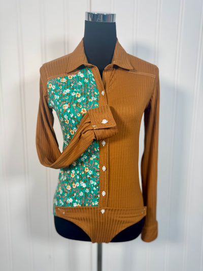 Brown ribbed women's rodeo shirt bodysuit with green floral pattern on a mannequin against a white background